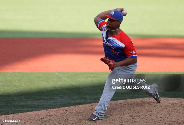 Pitcher Anthony Garcia, Criollos de Caguas of Puerto Rico, throws against Caribes de Anzoategui of Venezuela during Baseball Series at the Charros...