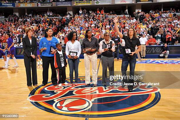 Natalie Williams, Niele Ivey, Monica Maxwell, Coquese Washington and Stephanie White, Legends of the Indiana Fever is acknowledged prior to Game Four...
