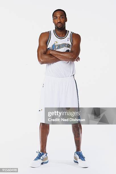 Gilbert Arenas of the Washington Wizards poses for a portrait during 2009 NBA Media Day at the Verizon Center on September 28, 2009 in Washington,...