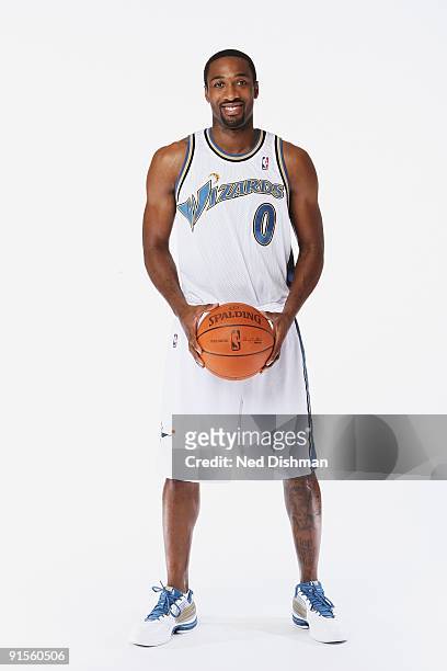 Gilbert Arenas of the Washington Wizards poses for a portrait during 2009 NBA Media Day at the Verizon Center on September 28, 2009 in Washington,...
