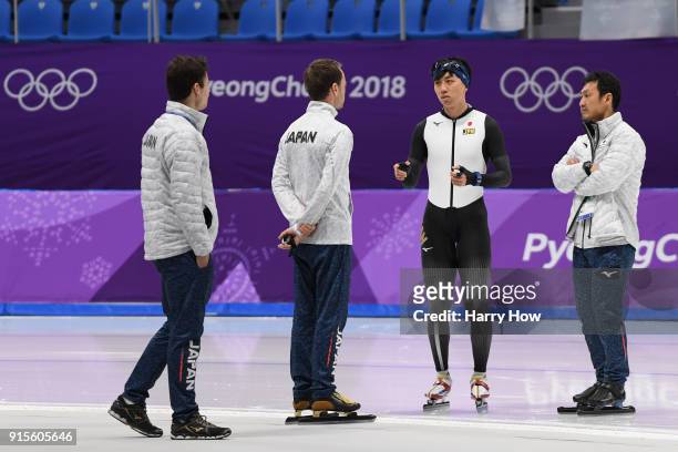 Seitaro Ichinohe of Japan talks with coaches during Speed Skating training ahead of the PyeongChang 2018 Winter Olympic Games at Gangneung Oval on...