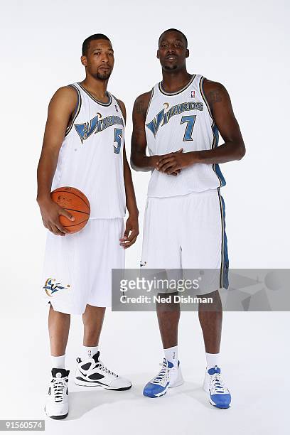 Dominic McGuire and Andray Blatche of the Washington Wizards pose for a portrait during 2009 NBA Media Day at the Verizon Center on September 28,...