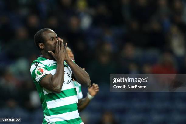 Sporting's Ivorian forward Seydou Doumbia reacts during the Portuguese Cup 2017/18, match between FC Porto and Sporting CP, at Dragao Stadium in...