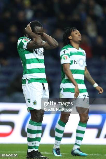 Sporting's Ivorian forward Seydou Doumbia reacts during the Portuguese Cup 2017/18, match between FC Porto and Sporting CP, at Dragao Stadium in...