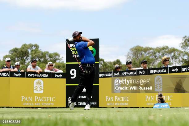 Shiv Kapur of India lets go of his driver on the after the tee shot on the 9th hole during day one of the World Super 6 at Lake Karrinyup Country...