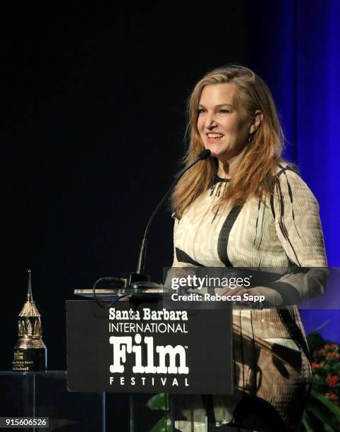 Vanity Fair's executive west coast editor Krista Smith speaks at The American Riviera Award Honoring Sam Rockwell during The 33rd Santa Barbara...