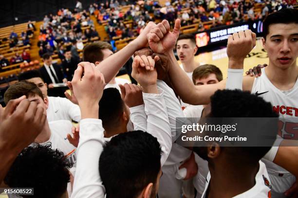 The Princeton Tigers huddle before the game against the Pennsylvania Quakers at L. Stockwell Jadwin Gymnasium on February 6, 2018 in Princeton, New...