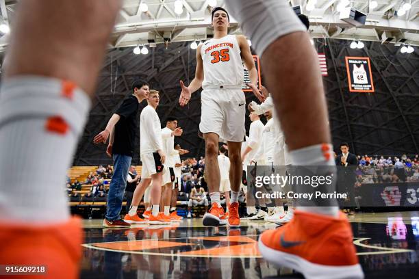 Alec Brennan of the Princeton Tigers is introduced greeting Elias Berbari of the Princeton Tigers before the game against the Pennsylvania Quakers at...