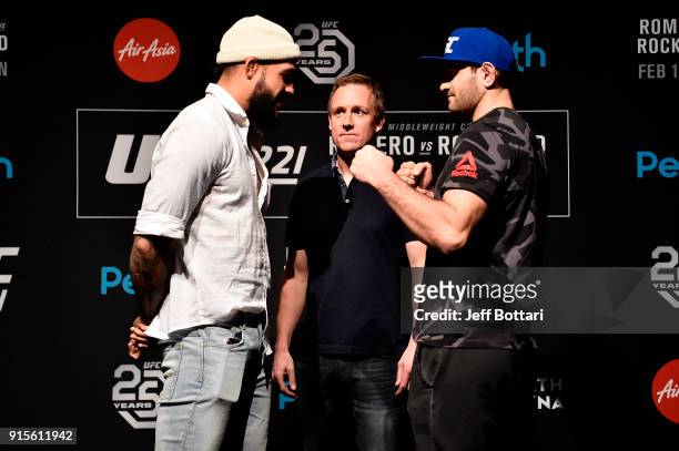 Opponents Tyson Pedro of Australia and Saparbek Safarov of Russia face off during the UFC 221 Ultimate Media Day at Hyatt Regency on February 8, 2018...