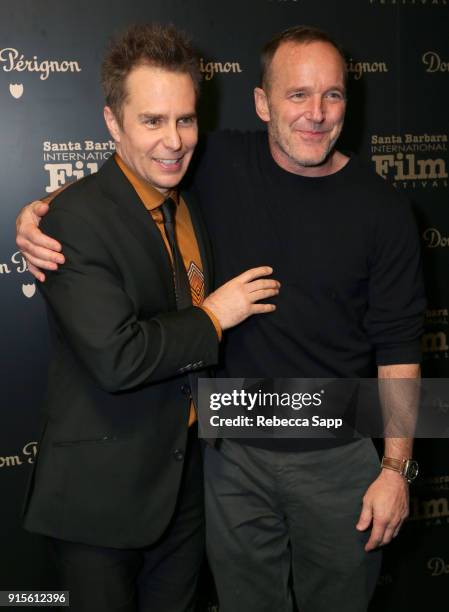 Actors Sam Rockwell and Clark Gregg pose backstage at The American Riviera Award Honoring Sam Rockwell during The 33rd Santa Barbara International...