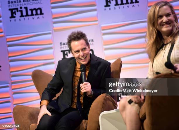 Actor Sam Rockwell and moderator Krista Smith speak onstage at The American Riviera Award Honoring Sam Rockwell during The 33rd Santa Barbara...