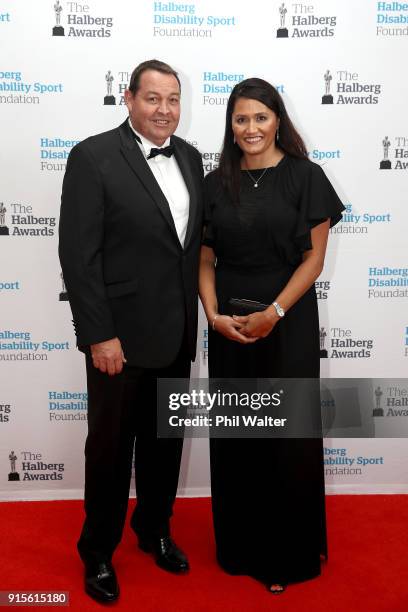 All Black coach Steve Hansen and Tash Marshall pose for a photo as they arrive ahead of the 55th Halberg Awards at Spark Arena on February 8, 2018 in...