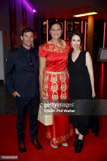 Prime Minister Jacinda Ardern and partner Clarke Gayford pose with Valerie Adams as they arrive ahead of the 55th Halberg Awards at Spark Arena on...