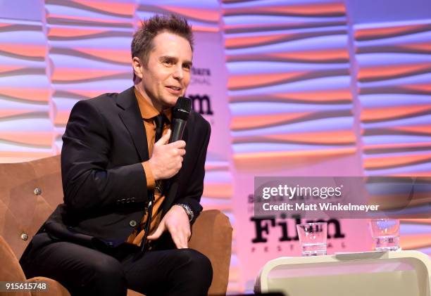 Actor Sam Rockwell speaks onstage at The American Riviera Award Honoring Sam Rockwell during The 33rd Santa Barbara International Film Festival at...