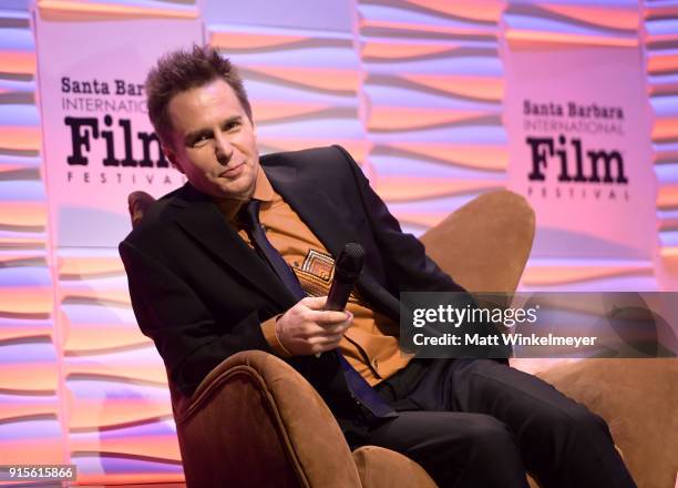 Actor Sam Rockwell speaks onstage at The American Riviera Award Honoring Sam Rockwell during The 33rd Santa Barbara International Film Festival at...