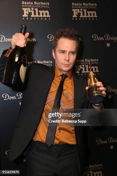 Actor Sam Rockwell poses backstage at The American Riviera Award Honoring Sam Rockwell during The 33rd Santa Barbara International Film Festival at...