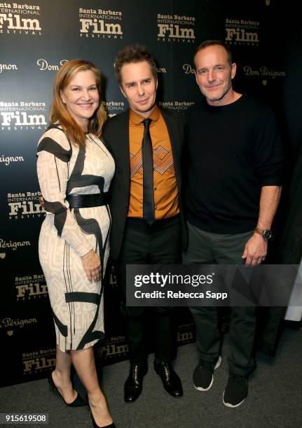 Vanity Fair's executive west coast editor Krista Smith, actors Sam Rockwell and Clark Gregg pose backstage at The American Riviera Award Honoring Sam...