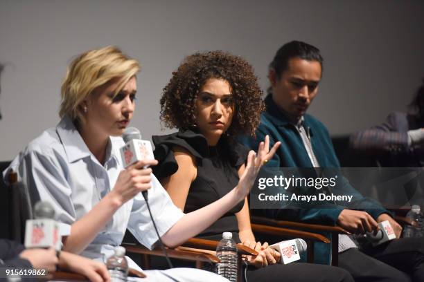 Greta Gerwig, Marielle Scott and Jordan Rodrigues attend the Film Independent Hosts Directors Close-Up Screening Of "Lady Bird" at Landmark Theatre...