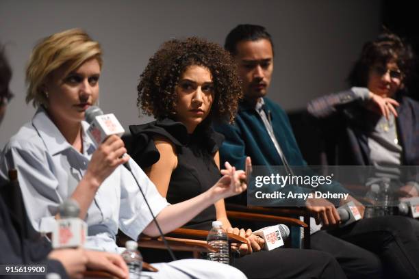 Greta Gerwig, Marielle Scott and Jordan Rodrigues attend the Film Independent Hosts Directors Close-Up Screening Of "Lady Bird" at Landmark Theatre...