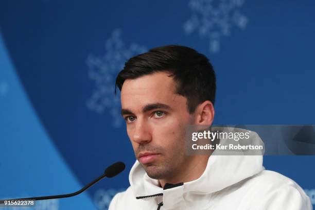 United States skeleton athlete Matt Antoine attends a press conference at the Main Press Centre during previews ahead of the PyeongChang 2018 Winter...