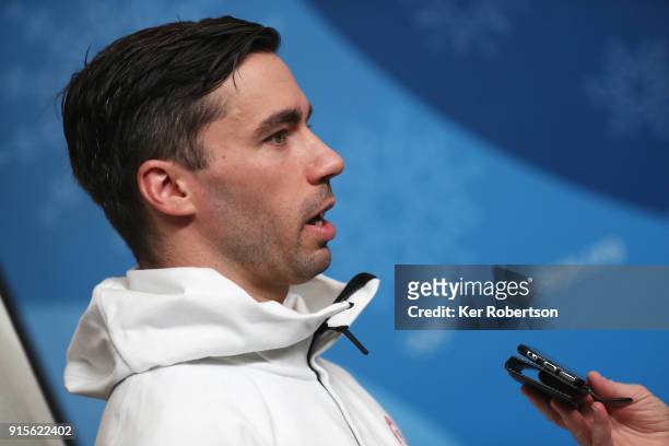 United States skeleton athlete Matt Antoine attends a press conference at the Main Press Centre during previews ahead of the PyeongChang 2018 Winter...