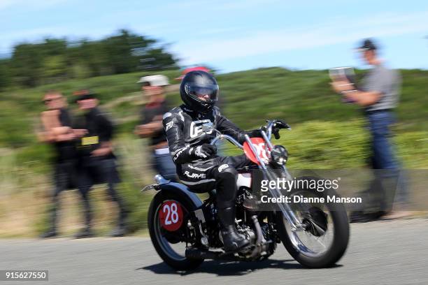 David Reidie of Australia rides his 1928 Harley davidson JDH 1200 during the Classic Motorcycle Mecca NZ Bluff Hill Climb Champs on February 8, 2018...