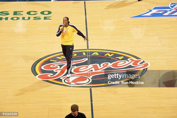 Ebony Hoffman of the Indiana Fever addresses the crowd against the Phoenix Mercury during Game Four of the WNBA Finals on October 7, 2009 at Conseco...
