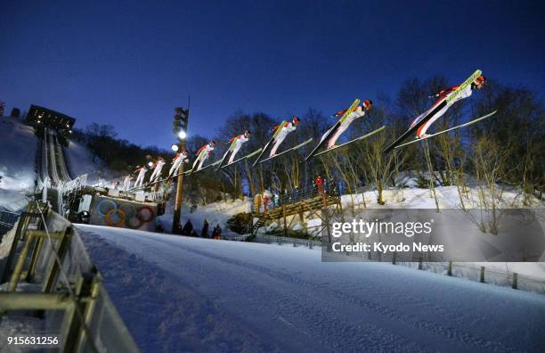 Composite photo shows Japanese ski jumper Naoki Nakamura soaring at the Asian Winter Games in Sapporo, Japan, on Feb. 24, 2017. ==Kyodo