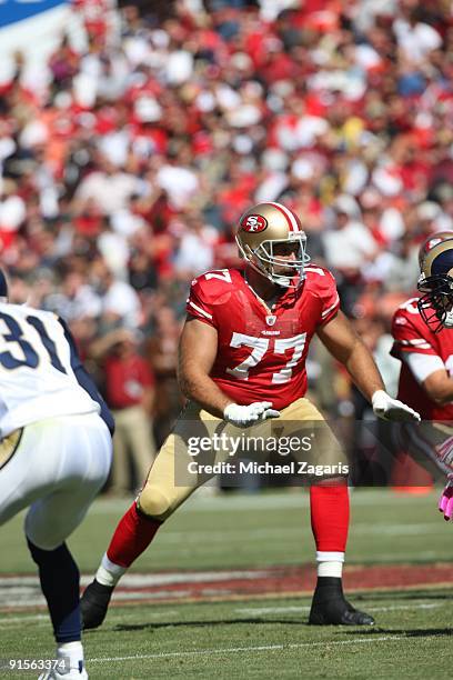 Tony Pashos of the San Francisco 49ers blocks during the NFL game against the St. Louis Rams at Candlestick Park on October 4, 2009 in San Francisco,...