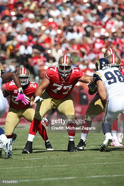 Tony Pashos of the San Francisco 49ers blocks during the NFL game against the St. Louis Rams at Candlestick Park on October 4, 2009 in San Francisco,...