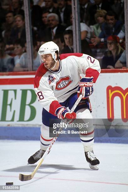 Eric Desjardins of the Montreal Canadiens skates during Game 5 of the 1993 Stanley Cup Finals against the Los Angeles Kings on June 9, 1993 at the...