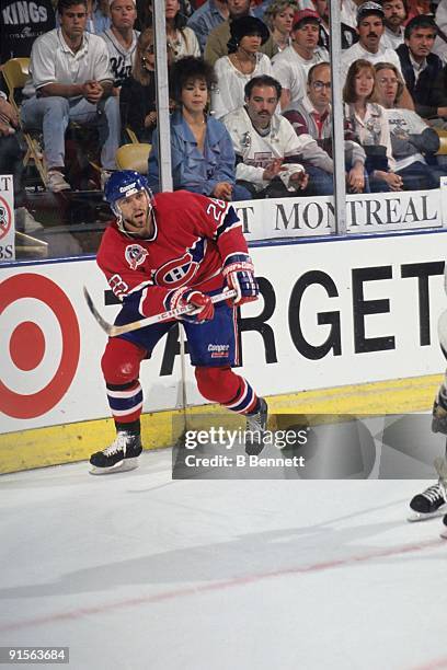 Eric Desjardins of the Montreal Canadiens skates during Game 3 of the 1993 Stanley Cup Finals against the Los Angeles Kings on June 5, 1993 at the...