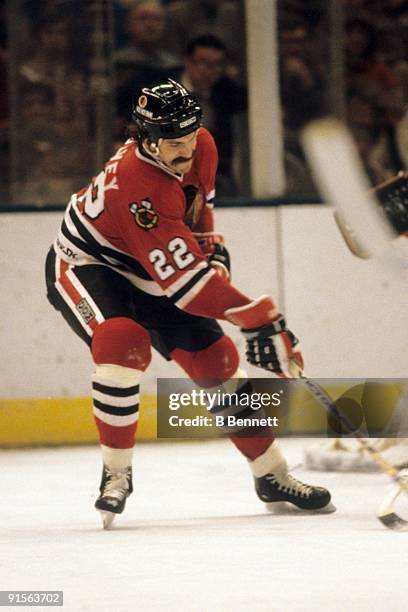 Grant Mulvey of the Chicago Blackhawks skates during an NHL game against the New York Islanders circa 1981 in Uniondale, New York.