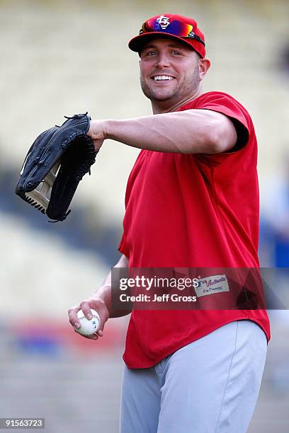Matt Holliday of the St. Louis Cardinals smiles before taking on the Los Angeles Dodgers in Game One of the NLDS during the 2009 MLB Playoffs at...