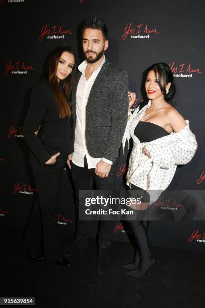 Nabilla Benattia, Thomas Vergana and Ayem Nour attend the "Yes I Am" Cacharel Flagrance Launch Party at the QG on February 7, 2018 in Paris, France.