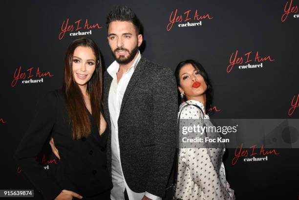 Nabilla Benattia, Thomas Vergana and Ayem Nour attend the "Yes I Am" Cacharel Flagrance Launch Party at the QG on February 7, 2018 in Paris, France.