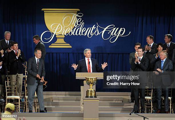 Team USA Captain Fred Couples speaks during Opening Ceremony of The Presidents Cup at Harding Park Golf Course on October 7, 2009 in San Francisco,...