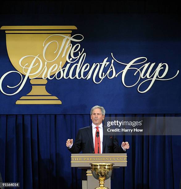 Team USA Captain Fred Couples speaks during Opening Ceremony of The Presidents Cup at Harding Park Golf Course on October 7, 2009 in San Francisco,...