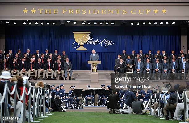 International Team Captain Greg Norman speaks during Opening Ceremony of The Presidents Cup at Harding Park Golf Course on October 7, 2009 in San...