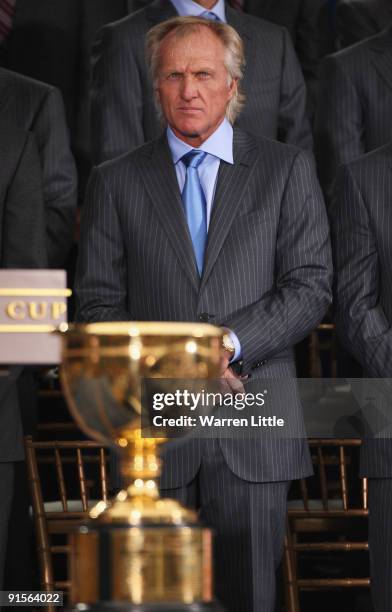 Greg Norman. Captain of the International Team looks past the Trophy during the Open Ceremony of The Presidents Cup at Harding Park Golf Course on...