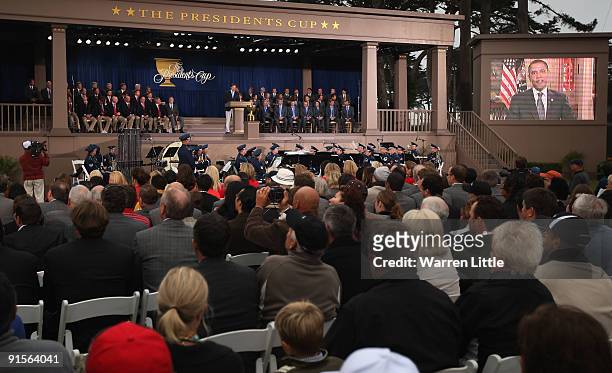 President Barack Obama addresses the Opening Ceremony of The Presidents Cup at Harding Park Golf Course on October 7, 2009 in San Francisco,...