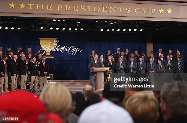 Former President George W. W. Bush addresses the Opening Ceremony of The Presidents Cup at Harding Park Golf Course on October 7, 2009 in San...