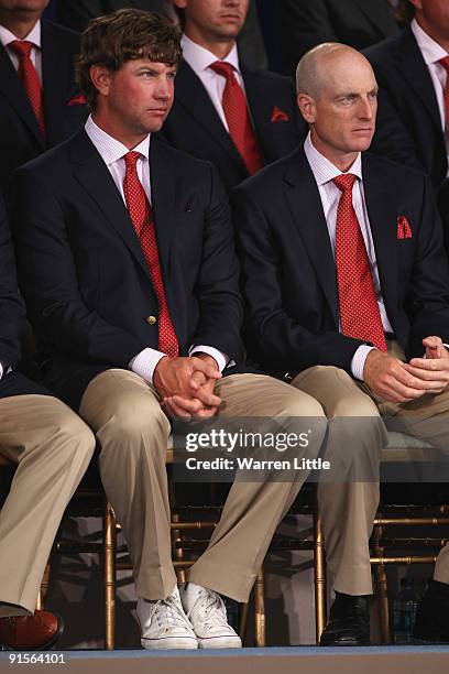 Lucas Glover of the USA looks on wearing sports shoes during the Opening Ceremony of The Presidents Cup at Harding Park Golf Course on October 7,...