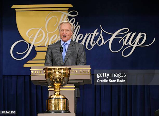 International Team Captain Greg Norman speaks during the opening ceremonies for The Presidents Cup at Harding Park Golf Club on October 7, 2009 in...