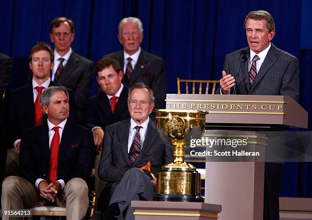 Tour Commissioner Tim Finchem speaks on stage at the Opening Ceremonies prior to the start of The Presidents Cup at Harding Park Golf Course on...