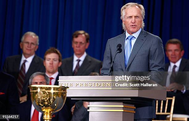 International Team captain Greg Norman speaks to the crowd during the Opening Cermonies prior to the start of The Presidents Cup at Harding Park Golf...