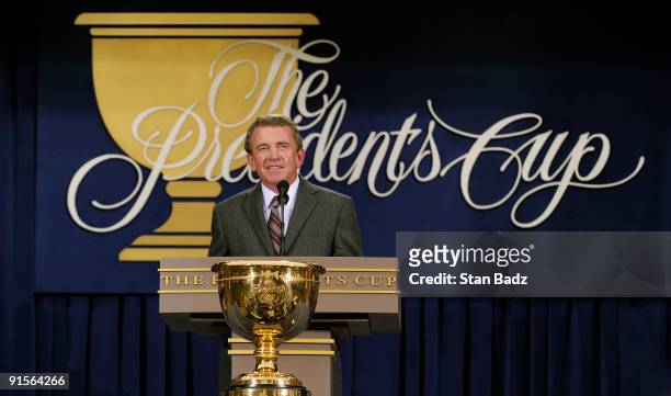 Commissioner Tim Finchem speaks during the opening ceremonies for The Presidents Cup at Harding Park Golf Club on October 7, 2009 in San Francisco,...