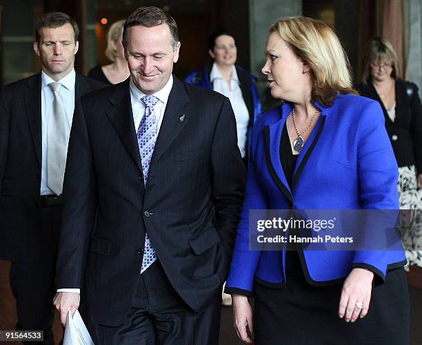 New Zealand Prime Mininster John Key arrives with Police Minister Judith Collins to announce the government's new anti-pseudoephedrine package on...