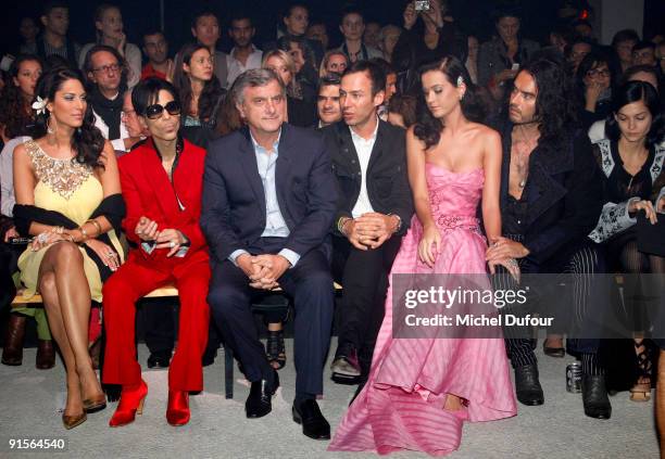 Bria Valente, Prince, Sidney Toledano, Alexis Roche, Katy Perry, Russell Brand and Leigh Lezark attends John Galliano Pret a Porter show as part of...