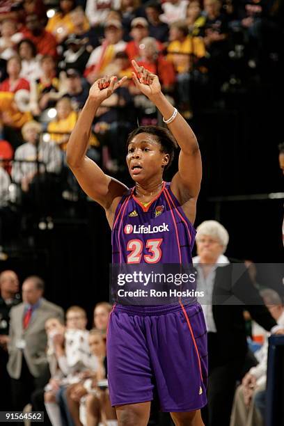 Cappie Pondexter of the Phoenix Mercury calls a plays against the Indiana Fever during Game Four of the WNBA Finals on October 7, 2009 at Conseco...